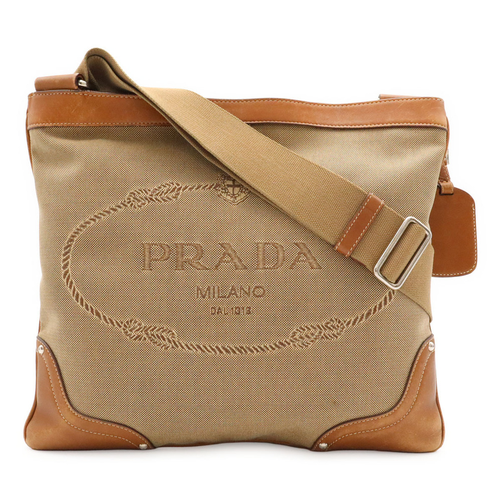 Prada jacquard Crossbody Bag clutch canvas leather Beige Brown Cream brown